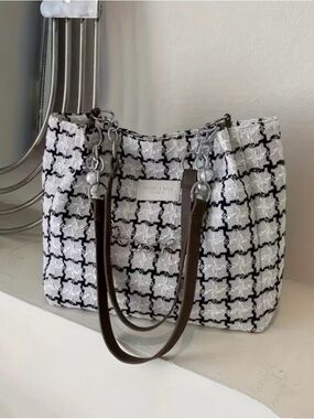Black & White Tweed Tote with Cream Shoulder Straps - Women's Fashion
